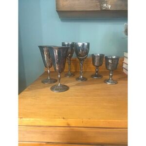 Vintage Silver Plate Goblet Set 6 Mixed Sizes Grape Vine Stem Barware Castlecore